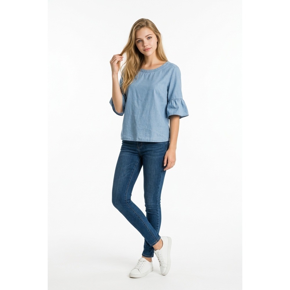 Susina Womens Blue Relaxed Chambray Ruffle Bell Sleeve Tie Back Blouse Top Large